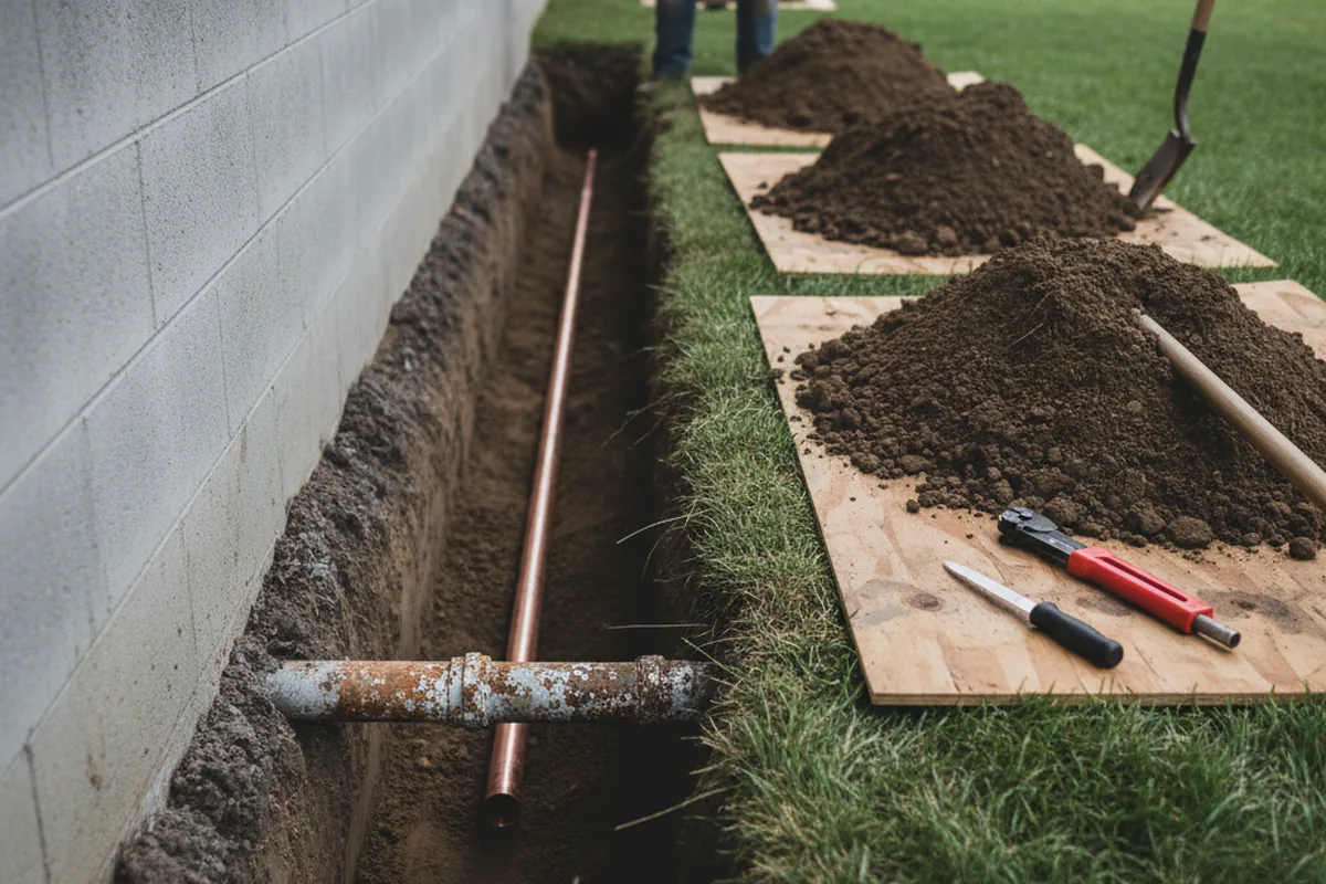 Excavated water line trench during Water Softener Installation in Medway